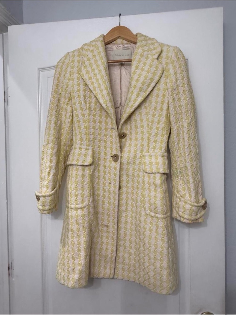 Banana Republic Cream and Yellow Houndstooth Trench Coat